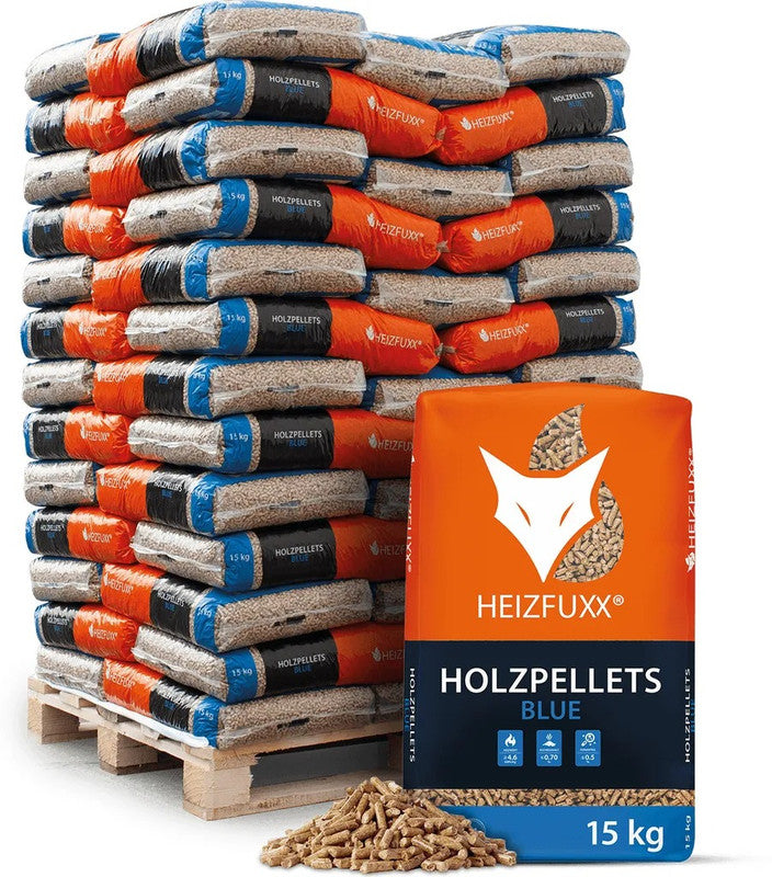 Holzpellets Blue Heizfuxx – 975 kg Palette, 65×15 kg Säcke