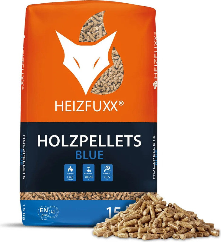 Holzpellets Blue Heizfuxx – 975 kg Palette, 65×15 kg Säcke
